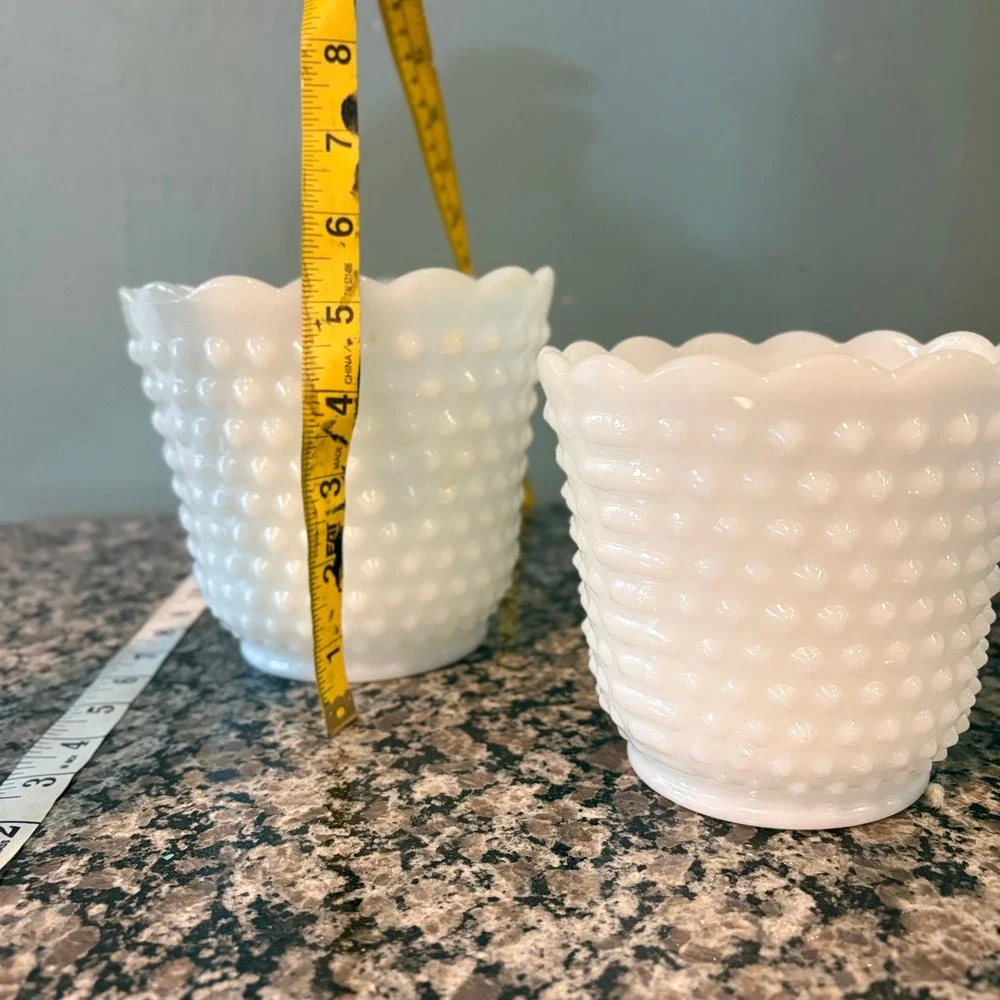 Vintage Fenton Milk Glass Hobnail Planter Set White Scalloped Rim 2 Piece